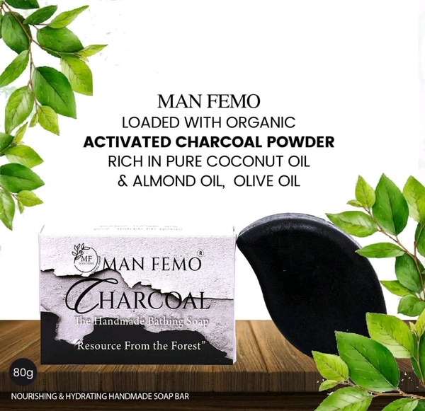 MAN FEMO Charcoal Bathing Soap |Acne Prevention, Blackhead Removal | Artificial Color-Free, Cruelty-Free, Glutan-Free Bathing Soap Bar - 80gm*3 (Pack of 3)