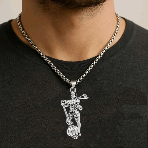 Hanuman Ji Blessings Locket With Chain - Silver, Long chain