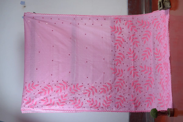 SKU-0381 -> Pure Cotton -> Applic with Mirror Work - Pink, Floral, Dry Clean Only, Yes