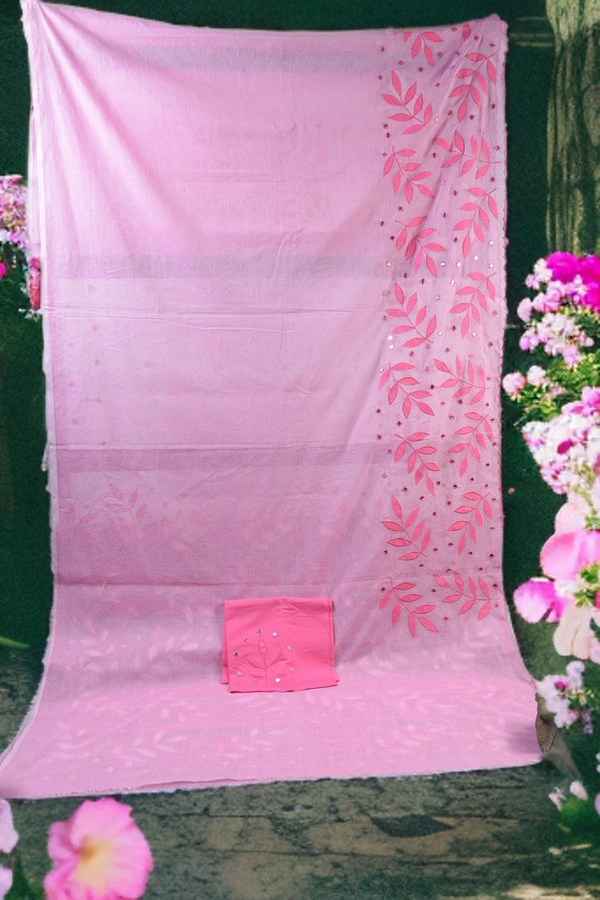 SKU-0381 -> Pure Cotton -> Applic with Mirror Work - Pink, Floral, Dry Clean Only, Yes