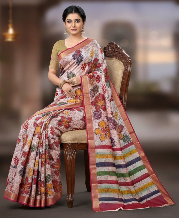 SKU0959 : Pure Silk | Chanderi Silk – Hand Batik Bengal Traditional - Dry Clean Only, Yes