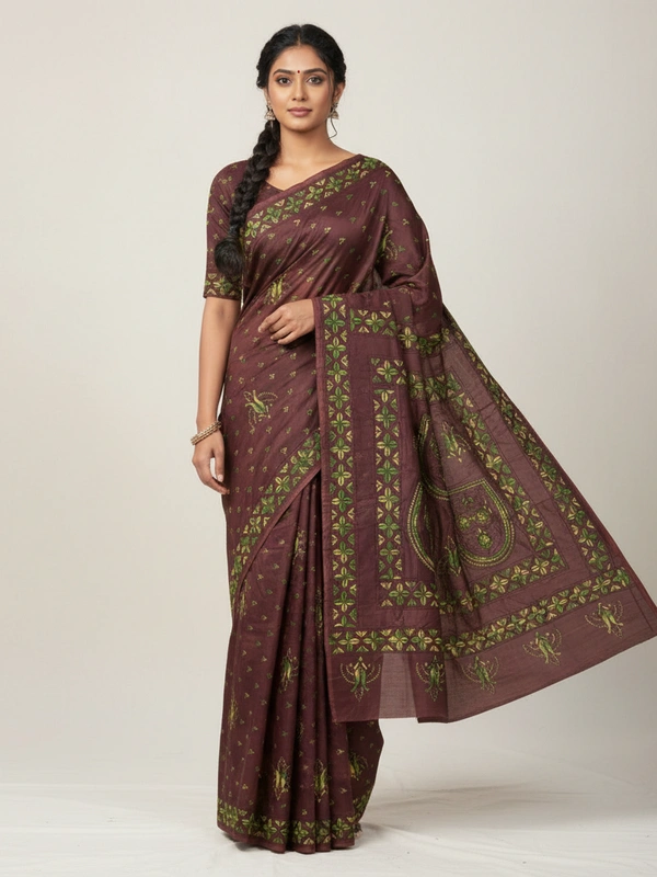 SKU0893 : Pure Silk Kantha Stitch Saree – Handcrafted Bengal - Kantha Stitch, Dry Clean Only, Yes