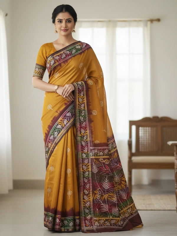SKU0924 : Pure Silk | Chanderi Silk – Hand Batik Bengal Traditional - Dry Clean Only, Yes