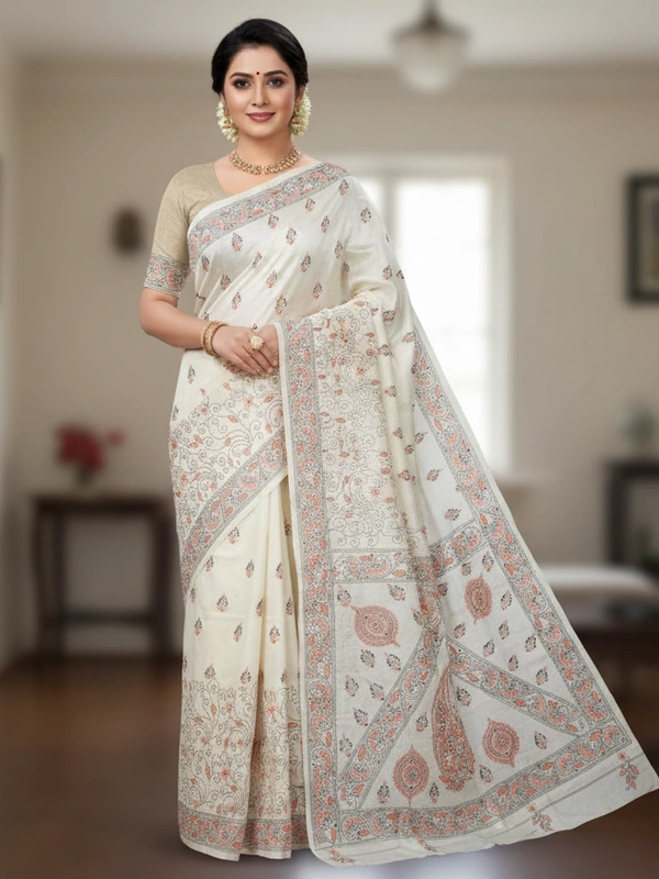 SKU0933 :  Elegant Pure Tussar Saree – Handwoven | Kantha Stitch - Kantha Stitch, Dry Clean Only, Yes