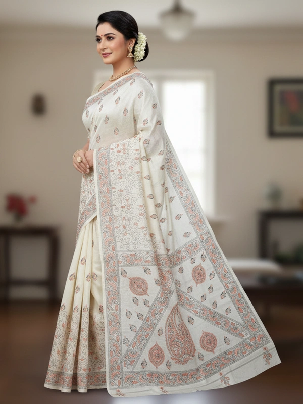 SKU0933 :  Elegant Pure Tussar Saree – Handwoven | Kantha Stitch - Kantha Stitch, Dry Clean Only, Yes
