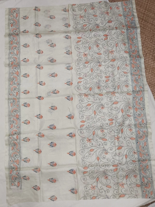 SKU0933 :  Elegant Pure Tussar Saree – Handwoven | Kantha Stitch - Kantha Stitch, Dry Clean Only, Yes
