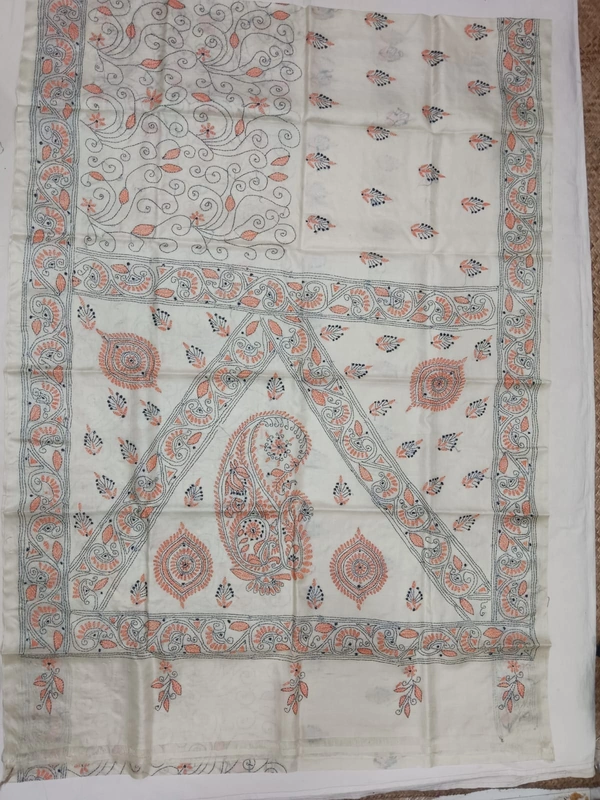 SKU0933 :  Elegant Pure Tussar Saree – Handwoven | Kantha Stitch - Kantha Stitch, Dry Clean Only, Yes