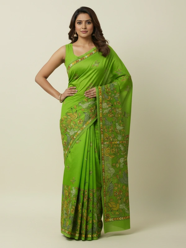 SKU0938 : Elegant Pure Silk Saree – Handwoven | Kantha Stitch - Kantha Stitch, Dry Clean Only, Yes
