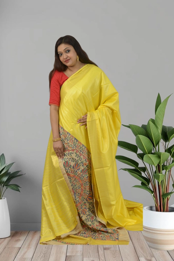 SKU0482 : Elegant Handwoven Tussar Ghicha Bapta Saree – Traditional Bengal Weave  - Normal Length 6.3 mtr Plus, Yellow, Plain / Solid, Dry Clean Only, Yes