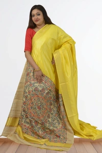 SKU0482 : Elegant Handwoven Tussar Ghicha Bapta Saree – Traditional Bengal Weave  - Normal Length 6.3 mtr Plus, Yellow, Plain / Solid, Dry Clean Only, Yes