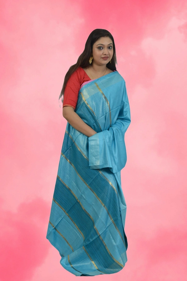 SKU0472 : Elegant Handwoven Tussar Ghicha Bapta Saree – Traditional Bengal Weave  - Normal Length 6.3 mtr Plus, Firoza, Plain / Solid, Dry Clean Only, Yes