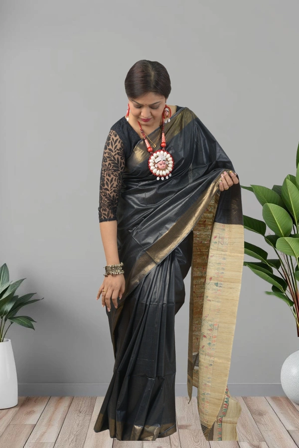 SKU0485 : Elegant Handwoven Tussar Ghicha Bapta Saree – Traditional Bengal Weave  - Normal Length 6.3 mtr Plus, Black, Plain / Solid, Dry Clean Only, Yes