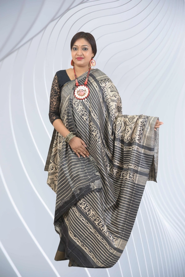 SKU0487 : Elegant Tussar Temple Ghicha Silk Saree – Handwoven Traditional Style  - Normal Length 6.3 mtr Plus, Black, Block Print, Dry Clean Only, Yes