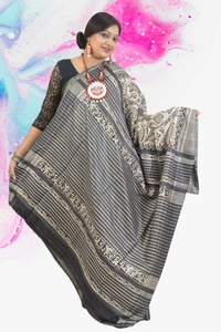 SKU0487 : Elegant Tussar Temple Ghicha Silk Saree – Handwoven Traditional Style  - Normal Length 6.3 mtr Plus, Black, Block Print, Dry Clean Only, Yes