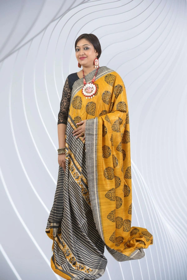 SKU0488 : Elegant Tussar Temple Ghicha Silk Saree – Handwoven Traditional Style  - Normal Length 6.3 mtr Plus, Yellow, Block Print, Dry Clean Only, Yes