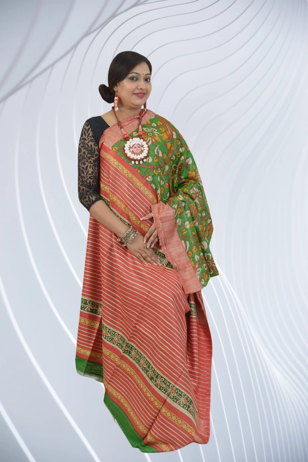 SKU0490 : Elegant Tussar Temple Ghicha Silk Saree – Handwoven Traditional Style  - Normal Length 6.3 mtr Plus, Parrot Green, Floral Print, Dry Clean Only, Yes