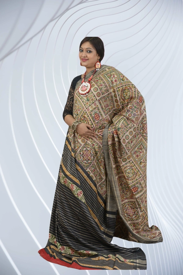 SKU0491 : Elegant Tussar Temple Ghicha Silk Saree – Handwoven Traditional Style   Shape  - Normal Length 6.3 mtr Plus, Tussar, Block Print, Dry Clean Only, Yes
