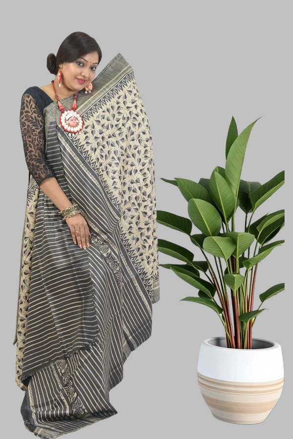 SKU-0492, Temple Gicha->Handloom->Hand Tant Weaving->With Blouse Piece - Normal Length 6.3 mtr Plus, Offwhite, Block Print, Dry Clean Only, Yes