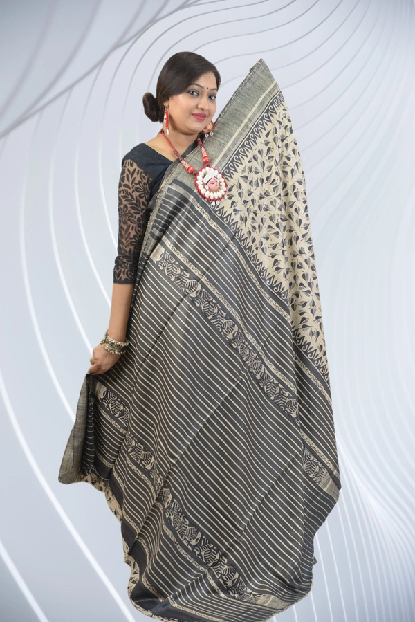 SKU-0492, Temple Gicha->Handloom->Hand Tant Weaving->With Blouse Piece - Normal Length 6.3 mtr Plus, Offwhite, Block Print, Dry Clean Only, Yes