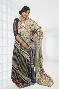 SKU-0493, Temple Gicha->Handloom->Hand Tant Weaving->With Blouse Piece - Normal Length 6.3 mtr Plus, Offwhite, Floral Print, Dry Clean Only, Yes
