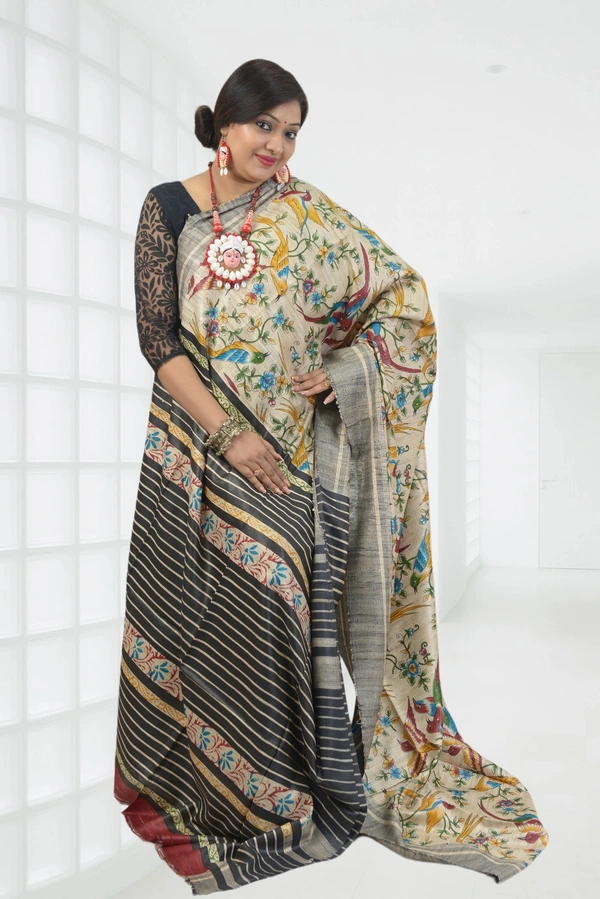 SKU-0493, Temple Gicha->Handloom->Hand Tant Weaving->With Blouse Piece - Normal Length 6.3 mtr Plus, Offwhite, Floral Print, Dry Clean Only, Yes