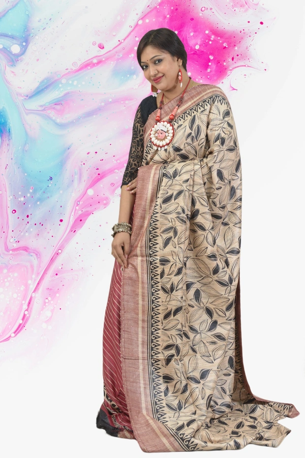 SKU-0494, Temple Gicha->Handloom->Hand Tant Weaving->With Blouse Piece - Normal Length 6.3 mtr Plus, Offwhite, Block Print, Dry Clean Only, Yes