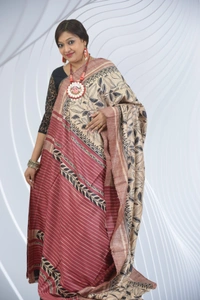 SKU-0494, Temple Gicha->Handloom->Hand Tant Weaving->With Blouse Piece - Normal Length 6.3 mtr Plus, Offwhite, Block Print, Dry Clean Only, Yes
