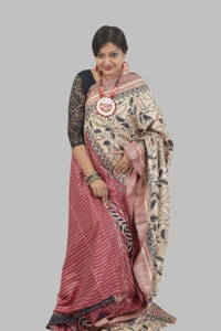 SKU-0494, Temple Gicha->Handloom->Hand Tant Weaving->With Blouse Piece - Normal Length 6.3 mtr Plus, Offwhite, Block Print, Dry Clean Only, Yes
