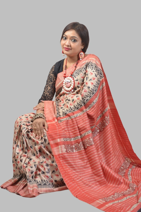 SKU-0495, Temple Gicha->Handloom->Hand Tant Weaving->With Blouse Piece - Normal Length 6.3 mtr Plus, Offwhite, Block Print, Dry Clean Only, Yes
