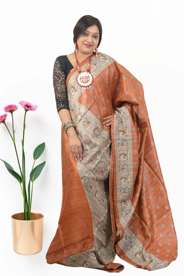 SKU-0496, Pure Gicha->Hand Tant Weaving->With Blouse Piece - Normal Length 6.3 mtr Plus, Terracotta, Buti / Booti, Dry Clean Only, Yes