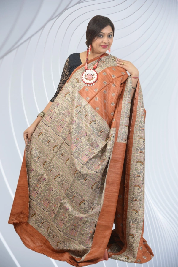 SKU-0496, Pure Gicha->Hand Tant Weaving->With Blouse Piece - Normal Length 6.3 mtr Plus, Terracotta, Buti / Booti, Dry Clean Only, Yes