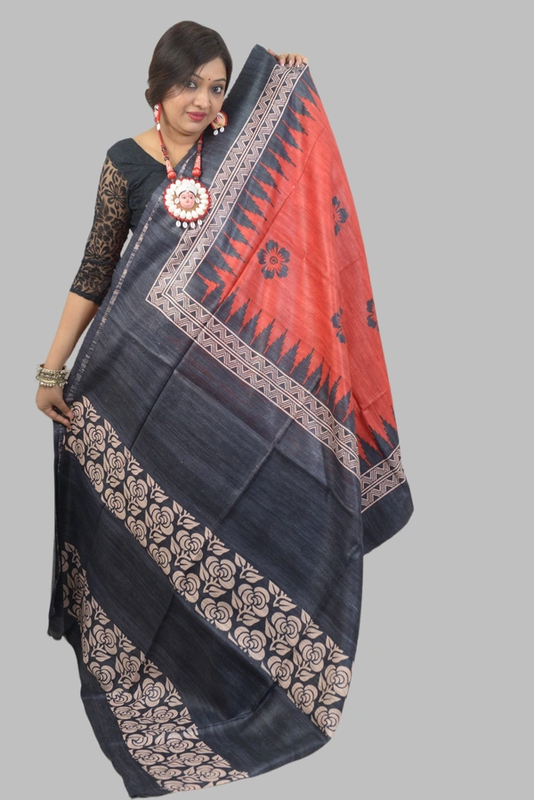 SKU-0497, Pure Gicha->Hand Tant Weaving->With Blouse Piece - Normal Length 6.3 mtr Plus, Red, Block Print, Dry Clean Only, Yes