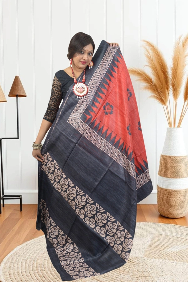 SKU0497 :  Pure Ghicha Silk Saree–Handwoven Elegance from Bengal - Normal Length 6.3 mtr Plus, Red, Block Print, Dry Clean Only, Yes