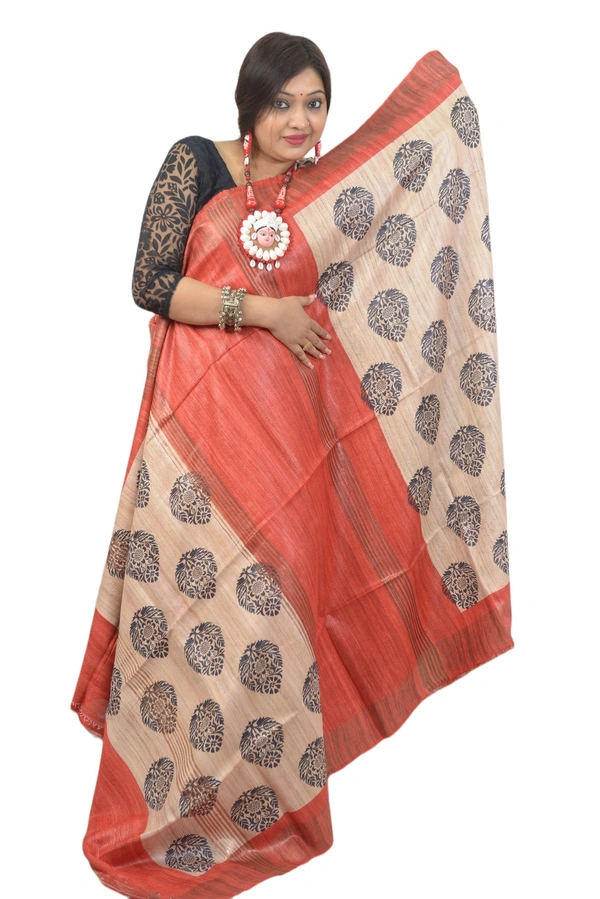 SKU-0498, Pure Gicha->Hand Tant Weaving->With Blouse Piece - Normal Length 6.3 mtr Plus, Tussar, Block Print, Dry Clean Only, Yes