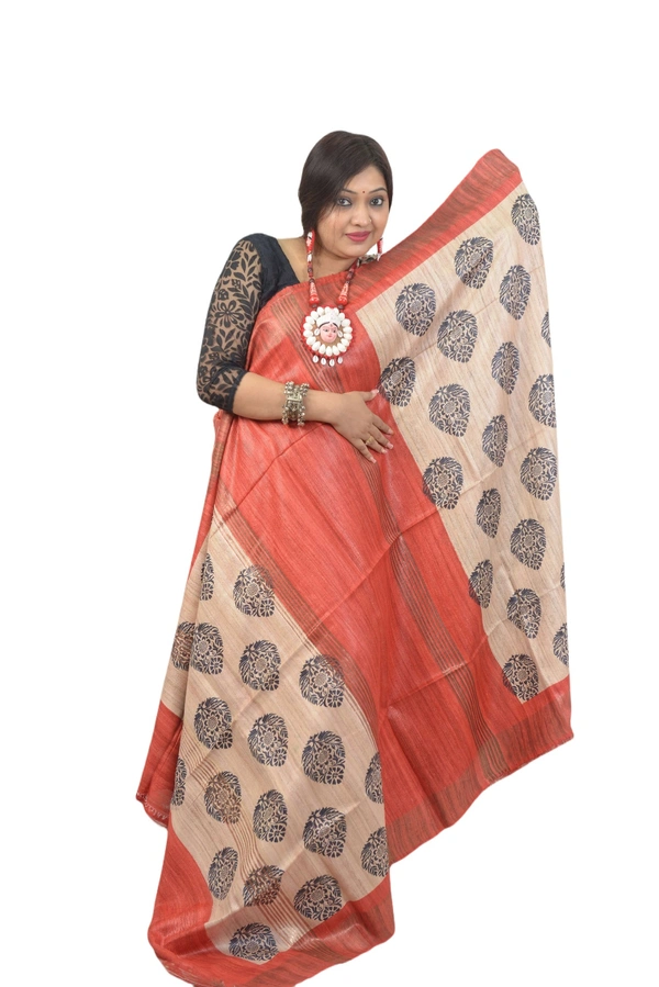 SKU0498 :  Pure Ghicha Silk Saree–Handwoven Elegance from Bengal - Normal Length 6.3 mtr Plus, Tussar, Block Print, Dry Clean Only, Yes