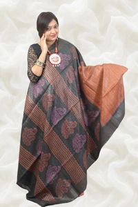 SKU-0499, Pure Gicha->Hand Tant Weaving->With Blouse Piece - Normal Length 6.3 mtr Plus, Terracotta, Block Print, Dry Clean Only, Yes