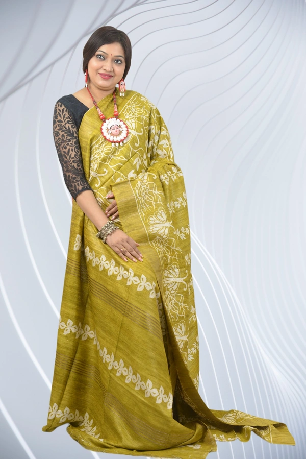 SKU-0500, Pure Gicha->Hand Tant Weaving->With Blouse Piece - Normal Length 6.3 mtr Plus, Olive Green, Block Print, Dry Clean Only, Yes