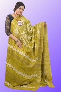SKU-0500, Pure Gicha->Hand Tant Weaving->With Blouse Piece - Normal Length 6.3 mtr Plus, Olive Green, Block Print, Dry Clean Only, Yes