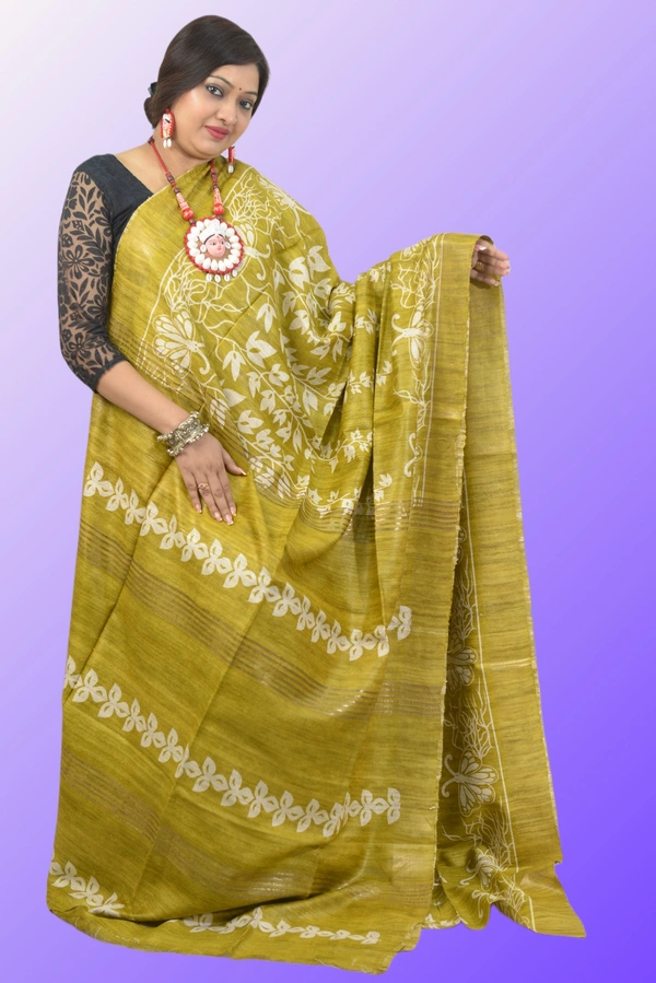 SKU-0500, Pure Gicha->Hand Tant Weaving->With Blouse Piece - Normal Length 6.3 mtr Plus, Olive Green, Block Print, Dry Clean Only, Yes