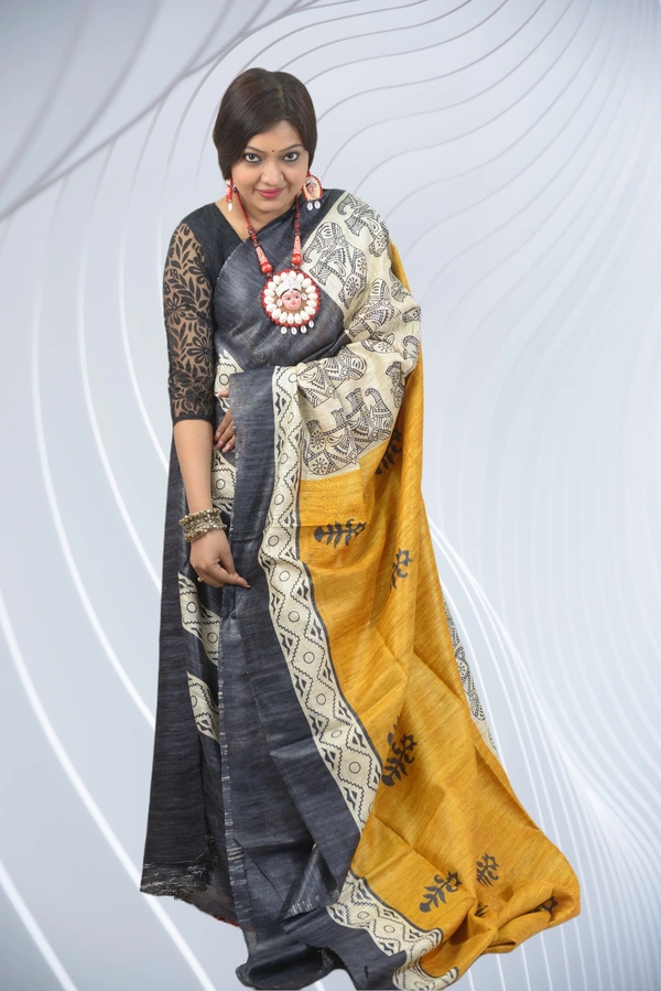 SKU-0501, Pure Gicha->Hand Tant Weaving->With Blouse Piece - Normal Length 6.3 mtr Plus, Yellow, Block Print, Dry Clean Only, Yes