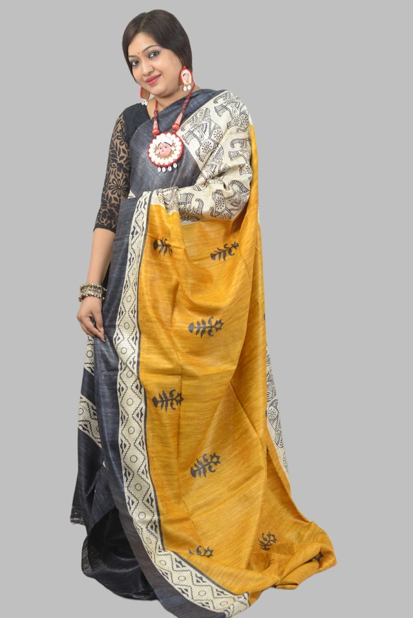 SKU-0501, Pure Gicha->Hand Tant Weaving->With Blouse Piece - Normal Length 6.3 mtr Plus, Yellow, Block Print, Dry Clean Only, Yes