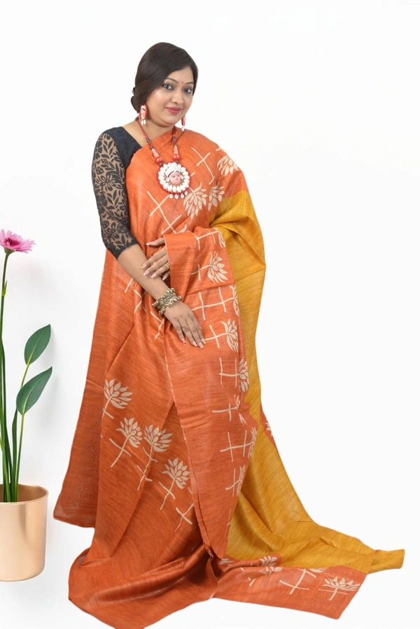 SKU-0502, Pure Gicha->Hand Tant Weaving->With Blouse Piece - Normal Length 6.3 mtr Plus, Orange, Block Print, Dry Clean Only, Yes