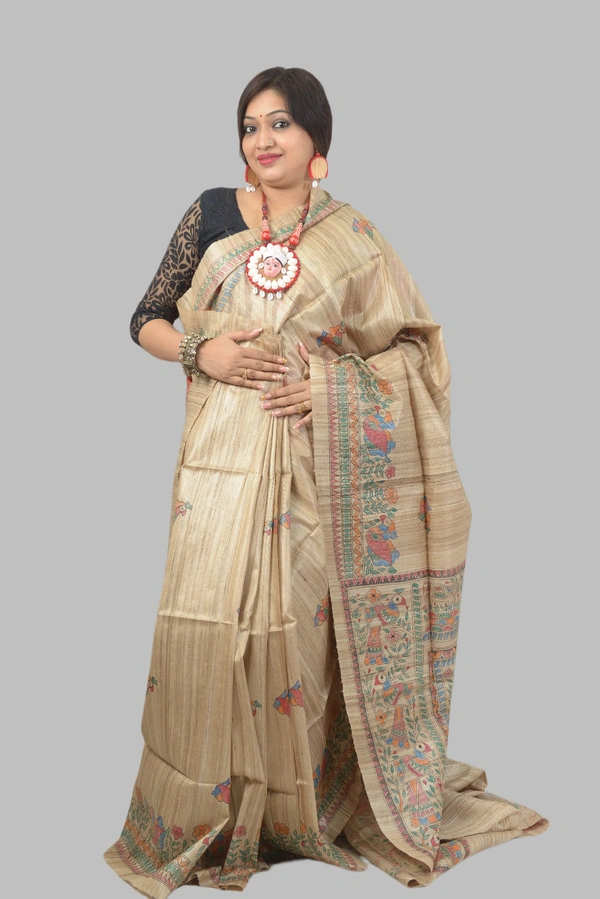SKU-0503, Pure Gicha->Hand Tant Weaving->With Blouse Piece - Normal Length 6.3 mtr Plus, Tussar, Block Print, Dry Clean Only, Yes
