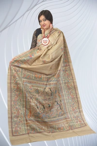 SKU-0503, Pure Gicha->Hand Tant Weaving->With Blouse Piece - Normal Length 6.3 mtr Plus, Tussar, Block Print, Dry Clean Only, Yes