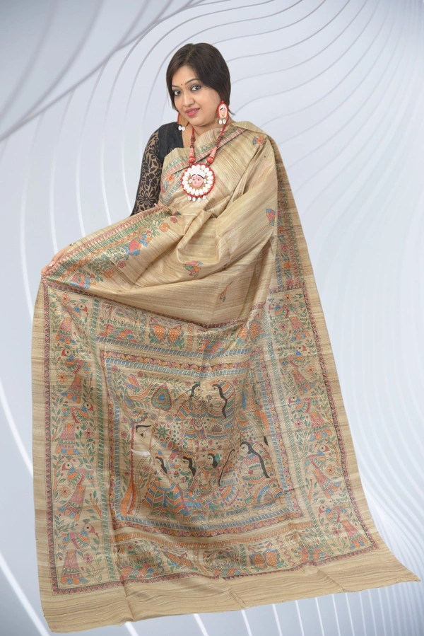 SKU-0503, Pure Gicha->Hand Tant Weaving->With Blouse Piece - Normal Length 6.3 mtr Plus, Tussar, Block Print, Dry Clean Only, Yes