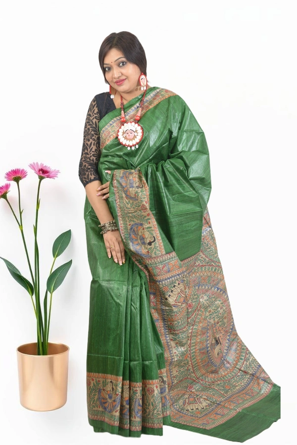 SKU-0505, Pure Gicha->Hand Tant Weaving->With Blouse Piece - Normal Length 6.3 mtr Plus, Green, Plain / Solid, Dry Clean Only, Yes