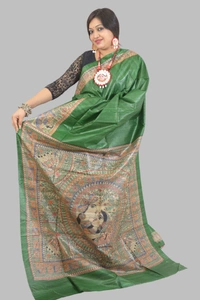 SKU-0505, Pure Gicha->Hand Tant Weaving->With Blouse Piece - Normal Length 6.3 mtr Plus, Green, Plain / Solid, Dry Clean Only, Yes