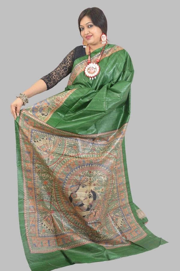 SKU-0505, Pure Gicha->Hand Tant Weaving->With Blouse Piece - Normal Length 6.3 mtr Plus, Green, Plain / Solid, Dry Clean Only, Yes