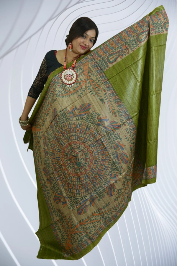 SKU-0506, Pure Gicha->Hand Tant Weaving->With Blouse Piece - Normal Length 6.3 mtr Plus, Green, Plain / Solid, Dry Clean Only, Yes