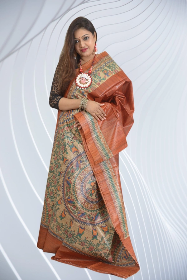 SKU-0508, Pure Gicha->Hand Tant Weaving->With Blouse Piece - Normal Length 6.3 mtr Plus, Rust, Plain / Solid, Dry Clean Only, Yes